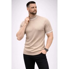Stores36 Erkek Fitilli Triko Dokuma Kısa Kol Tişört Yarım Boğaz Modern Yazlık T-Shirt - Bej
