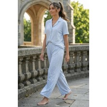 Relax Mode Kadın Nakış Desen Mavi Gömlek Pijama Takım - 26038R