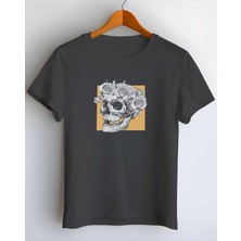 Buzagi Skull Flowers Dijital Baskılı Regular Kalıp Siyah Tişört