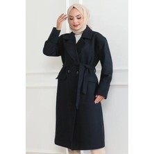 Stores36 Kaşe Kaban Uzun Boy Kruvaze Yaka Kuşaklı Tesettür Kaşe Kaban Astarlı - Lacivert