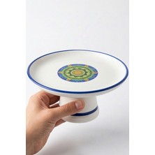 Evcime Ayaklı Seramik Sunum Tabağı & Pasta Standı - Mandala Desenli - 18 cm - Mavi Yeşil Beyaz