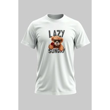 Buzagi Lazy Sunday Sevimli Ayıcık Teddy Bear Regular Kalıp Dijital Baskılı Beyaz Tişört