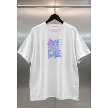 Buzagi Awesome Dijital Baskı Oversize Beyaz Unisex Tişört