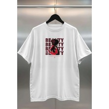 Buzagi Beauty Dijital Baskı Oversize Beyaz Unisex Tişört