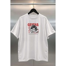 Buzagi Geisha Dijital Baskı Oversize Beyaz Unisex Tişört