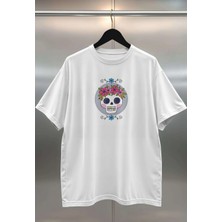 Buzagi Flower Skull Dijital Baskı Oversize Beyaz Unisex Tişört