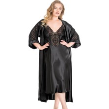 Venüs Shopping  Büyük Beden Siyah Uzun Ikili Saten Sabahlık Gecelik Takımı