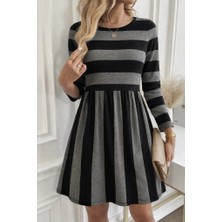 Stores36 Kadın Uzun Kollu Bisiklet Yaka Çizgili Desen Detaylı Süprem Mini Elbise