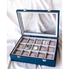 Shansora Design 15'li Lacivert Saat Kutusu, Suni Deri Kaplamalı, Özel Üretim, El Yapımı