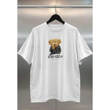 Buzagi Stay High Serseri Sevimli Ayıcık Teddy Bear Oversize Dijital Baskılı Beyaz Tişört