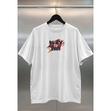 Buzagi Organik Pamuk Dijital Baskılı Oversize Beyaz Tişört