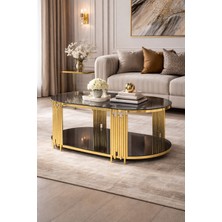Çelsan Fairfax Oval Orta Sehpa - 60X110 cm Çift Katlı Siyah Camlı Gold Metal Salon Sehpası