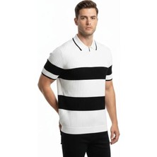 Stores36 Erkek T-Shirt Çizgili Triko Dokuma Kumaş Polo Yaka Yarım Fermuarlı Regular Kalıp Tişört - Beyaz