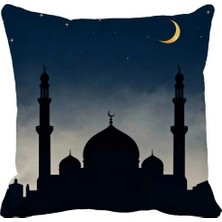Queen Jera Ramazan Temalı Cami Silüetli Dekoratif Kırlent Kılıfı – Gece Gökyüzü, Hilal ve Yıldız Desenli