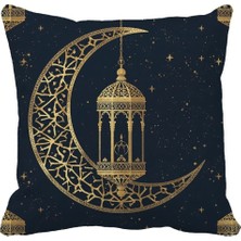 Queen Jera Ramazan Temalı Altın Hilal Fener Desenli Kırlent Kılıfı - 43 x 43 cm Islami Dekoratif Yastık Kılıfı