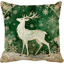 Queen Jera Vintage Yeşil Geyik Desenli Kırlent Kılıfı – Yılbaşı Dekoratif Yastık 43 x 43 cm Süet