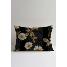 Queen Jera Zarafetiyle Öne Çıkan Papatya Desenli 30 x 50 cm Çift Taraf Baskılı Siyah Dekoratif Kırlent Kılıfı