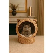 WoodBay Dekoratif Kulaklı Minderli Hasır Kedi Köpek Yatağı Sepet