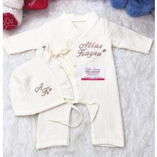 STİLİMSENSİN%100 Pamuk Organik 4 Katlı Müslin Kumaş Tulum Şapka  Hastane Çıkış Seti  (Kişiye Özgü Isimli Nakış Desenli)