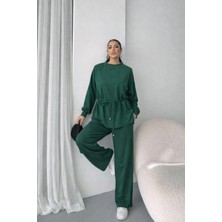 Stores36 Kadın Uzun Kollu Bisiklet Yaka Belden Büzgülü Bağcıklı Viskon Iki Iplik Bluz ve Pantolon Ikili Takım