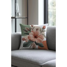 Queen Jera Şeftali Hibiskus Çiçekli Dekoratif Kırlent Kılıfı - 43 x 43 cm Çift Taraf Baskılı Modern Bohem