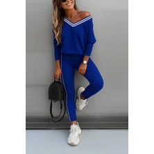 Stores36 Kadın Uzun Kollu Tek Omuzu Açık Detaylı Viskon Iki Iplik Bluz ve Pantolon Ikili Takım