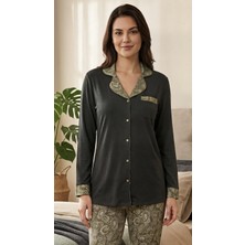 Sinem Çeyiz Lms 23614 Yeşil Şal Desen Boydan Düğmeli Gömlek Pijama Takım