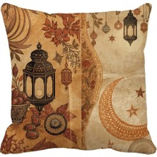 Queen Jera 43X43 cm Çift Taraflı Vintage Ramazan Kırlent Kılıfı - Fener, Hilal , Hurma Desenli Otantik Ev Dekor