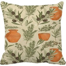 Queen Jera Vintage Akdeniz Motifli Tekli Dekoratif Kırlent Kılıfı - Zeytin ve Çömlek 43 x 43 cm Süet