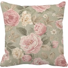 Queen Jera Romantik Vintage Gül Desenli Kırlent Kılıfı - Çift Taraf Baskılı 43 x 43 cm Salon Koltuk Kırlent