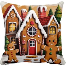 Queen Jera Yeni Yıl Dekoratif Kırlent Kılıfı – Gingerbread Ev & Kurabiye Adam Deseni 43 x 43 cm Süet