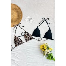 Moda Şahsenem Kadın Leopar Desenli ve Siyah Minimal Kesim Üçgen Bikini Üstü
