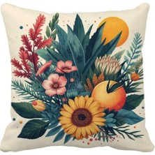 Queen Jera Ayçiçeği ve Meyve Desenli Dekoratif Kırlent Kılıfı 43 x 43 - Bohem & Doğal Ev Dekoru Çift Taraflı