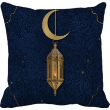 Queen Jera Koyu Lacivert Gold Ay ve Osmanlı Fener Motifli Ramazan Dekoratif Kırlent Kılıfı - 43 x 43 cm