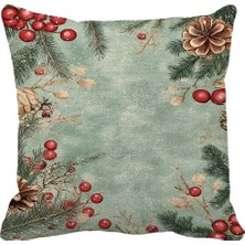 Queen Jera Noel Çam Kozalağı ve Kırmızı Berry Desenli Dekoratif Kırlent Kılıfı - 43 x 43 cm Süet