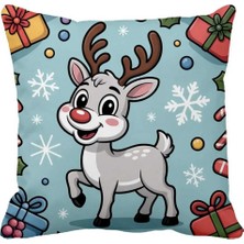 Queen Jera Sevimli Noel Geyiği Kırlent Kılıfı – Yılbaşı Kar Taneli Yastık 43 x 43 cm Süet