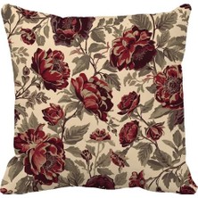 Queen Jera Vintage Çiçek Desenli Kırlent Kılıfı – Bordo Gül Motifli, Country & Klasik Dekoratif - 43 x 43 cm