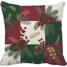 Queen Jera Bordo-Yeşil Blok Desenli Kırlent Kılıfı - Çam Dallı 43 x 43 cm Süet