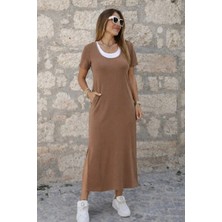 Stores36 Kadın Kısa Kollu Içi Atlet Görünümlü Yandan Yırtmaçlı Uzun Viskon Elbise
