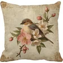 Queen Jera Vintage Kuş ve Çiçek Desenli Dekoratif Kırlent Kılıfı - Çift Taraflı 43 x 43 cm