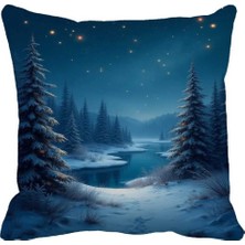 Queen Jera 43X43 cm Mavi Gece Manzaralı Kırlent Kılıfı – Kış Konseptli Süet