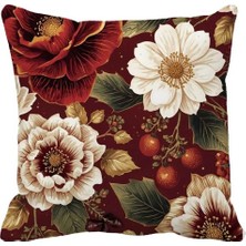 Queen Jera Çift Tarafı Baskılı Kırmızı Çiçek Desenli Tekli Kırlent Kılıfı - Ev Dekoru – 43 x 43 cm Süet