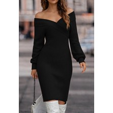 Stores36 Kadın Uzun Kollu Omuzlardan Açık Kruvaze Yaka Kısa Triko Elbise