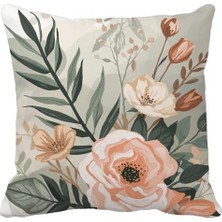 Queen Jera Modern Floral Dekoratif Kırlent Kılıfı - 43 x 43 cm - Çift Tarafı Baskılı Bej Yeşil Doğal Tonlar