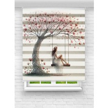 Enzo Home Baskılı Zebra Stor Perde – Salıncakta Kız ve Çiçek Ağacı Desenli Dekoratif Perde