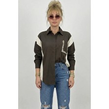 Taş Işlemeli Çizgi Detaylı Oversize Gömlek