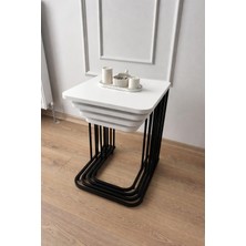 Metal Tekerlekli Mdf Beyaz Siyah Ayaklı  Beyaz Zigon Sehpa