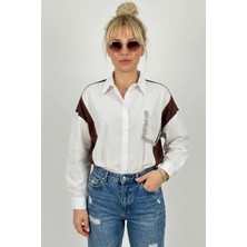 Taş Işlemeli Çizgi Detaylı Oversize Gömlek