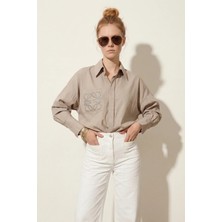 Cep Işlemeli Oversize Kadın Gömlek