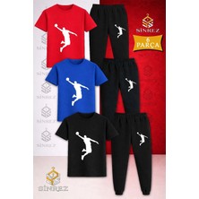 Çocuk Basket Adam Beyaz Baskılı 3lü Tişort Eşofman Takımı